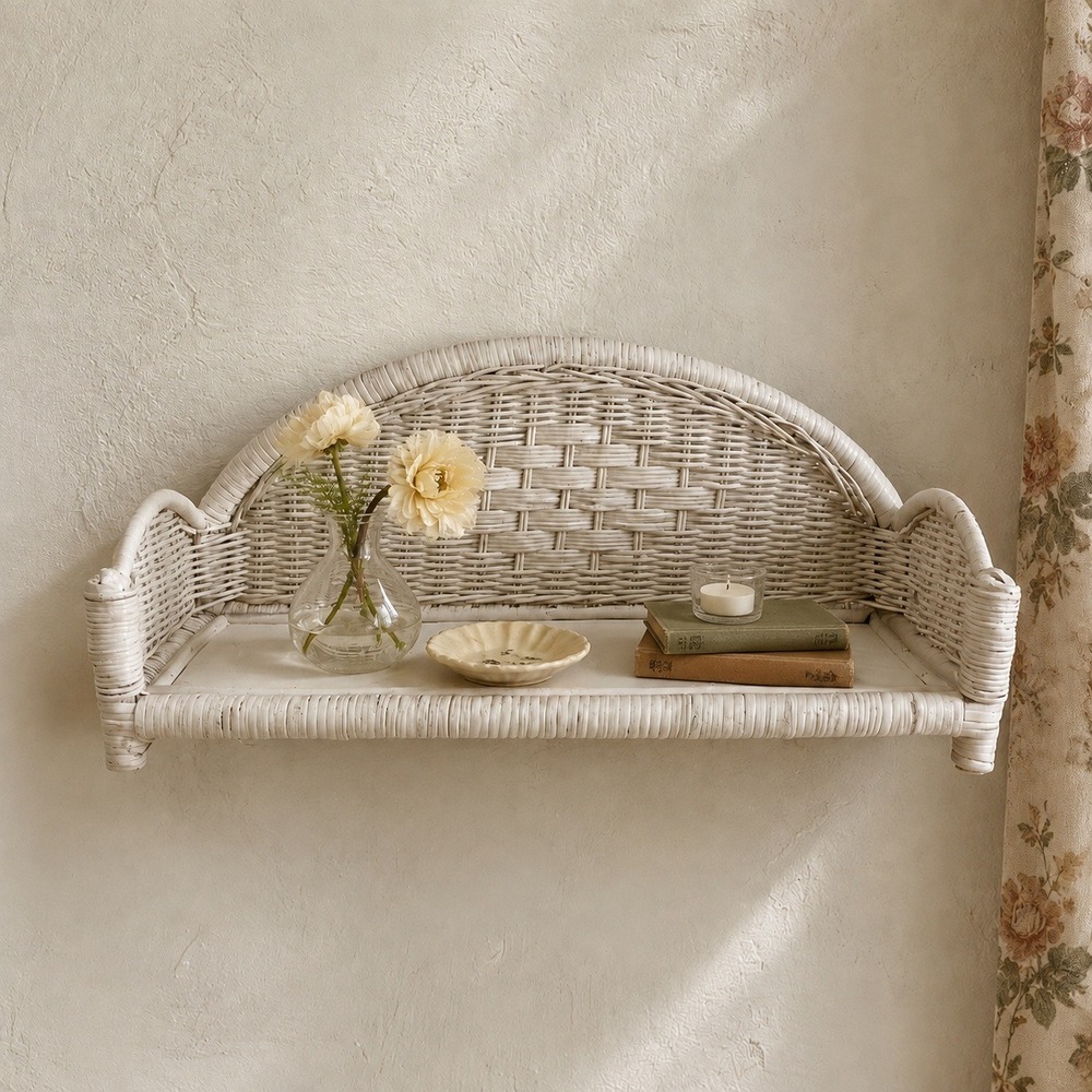 Vintage White Wicker Wall Shelf Hanging Display English Cottage Decor